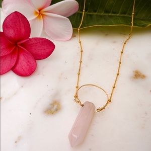 Crystal Gemstone Gold Necklace , Rose Quartz Point